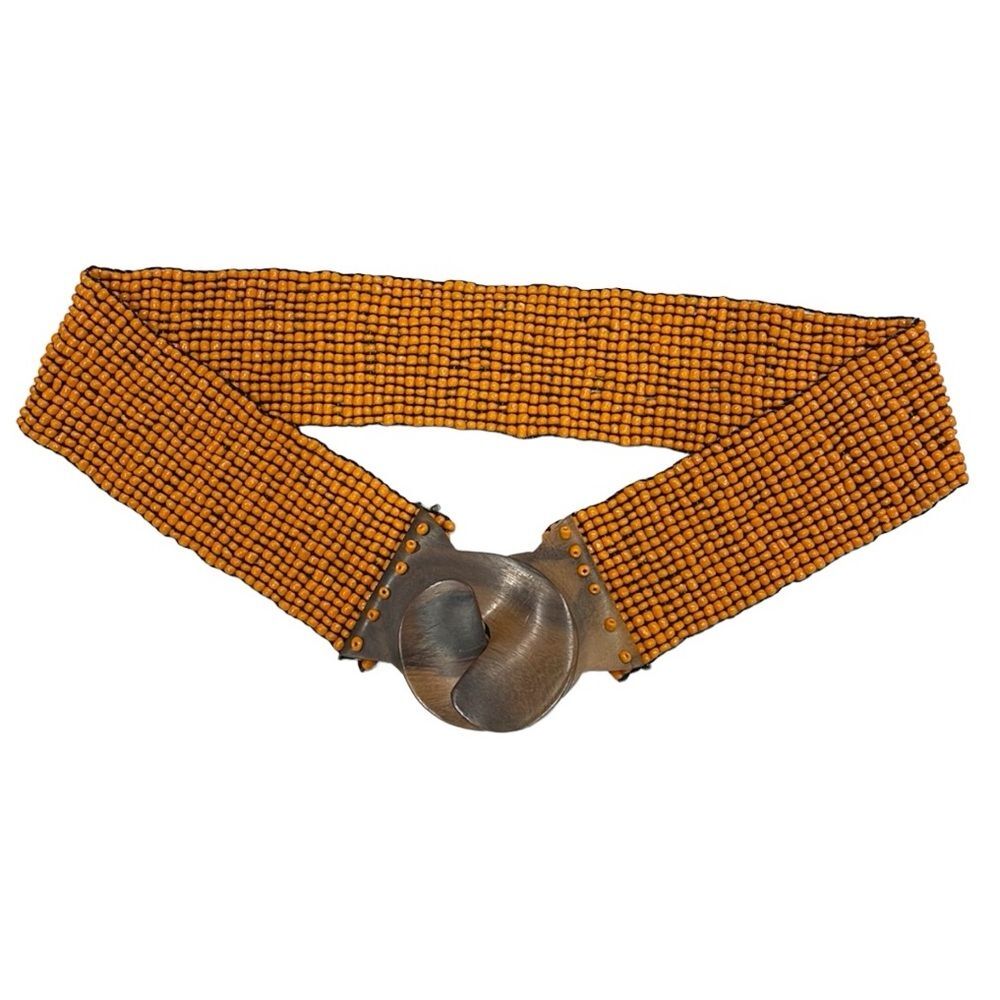 Sabak Women Wood Buckle Belt Beaded Boho‎ Stretch Glass Beads Handmade Orange